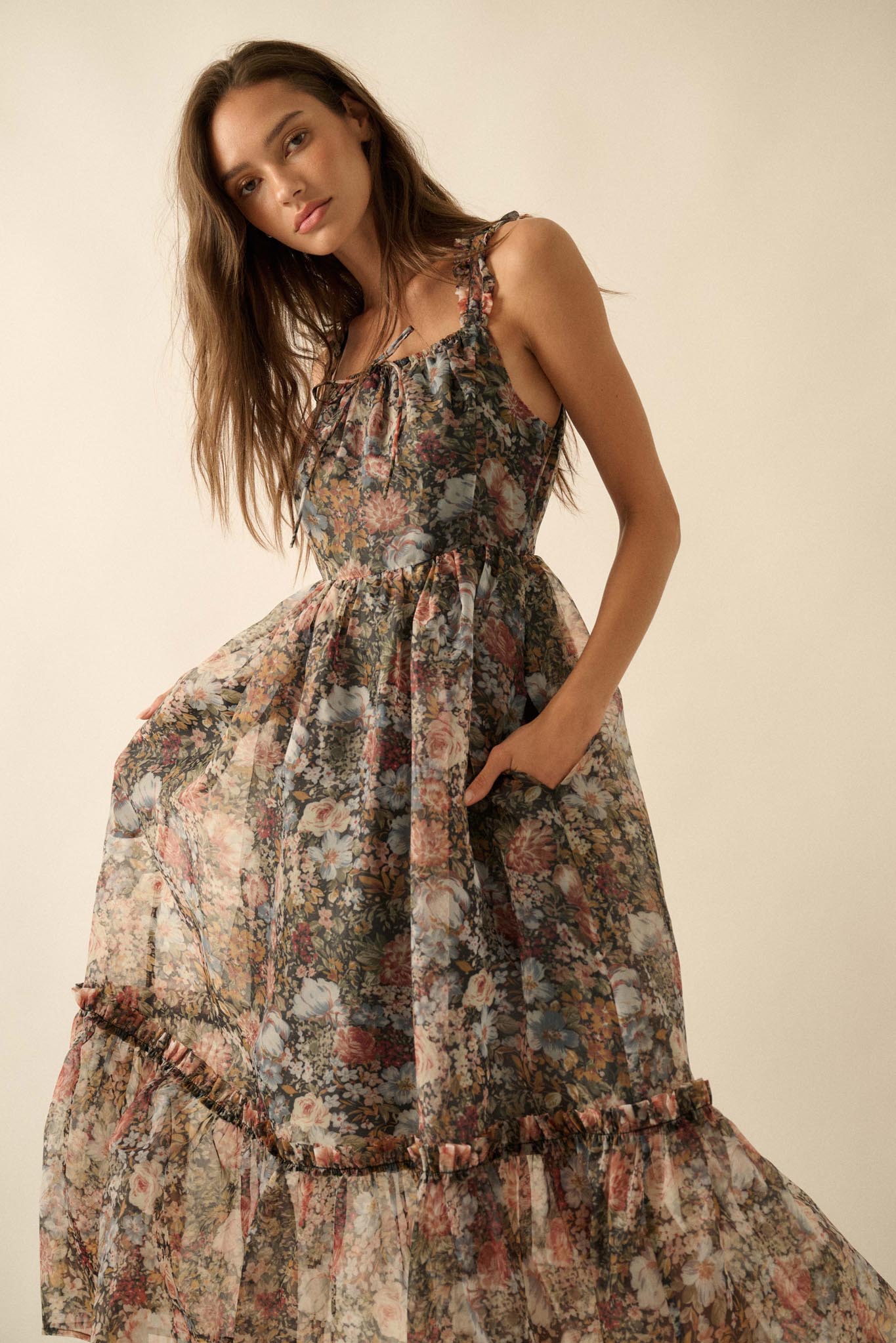 September Blooms Floral Organza Ruffled Maxi Dress