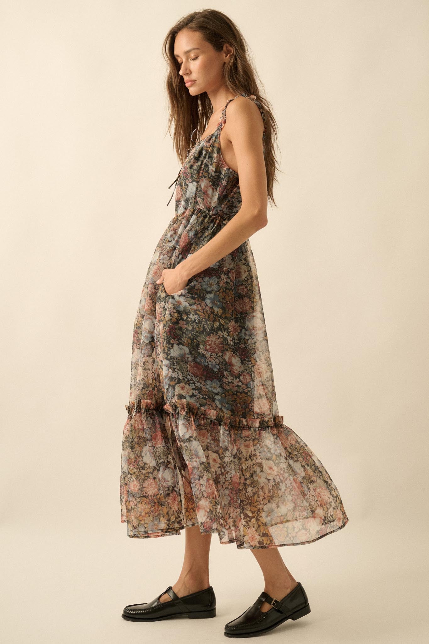 September Blooms Floral Organza Ruffled Maxi Dress