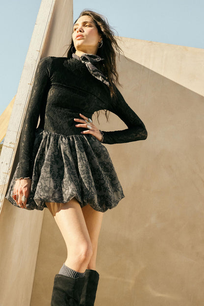 Midnight Romance Lace Mock-Neck Bubble Mini Dress