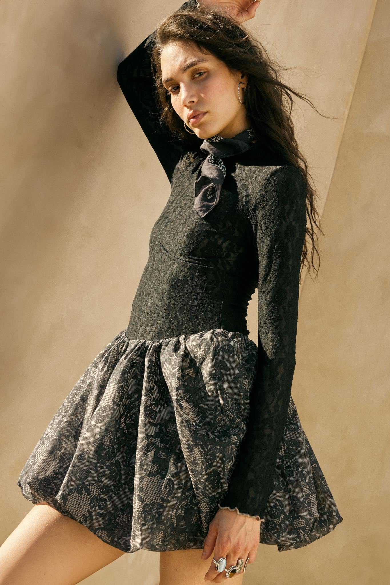 Midnight Romance Lace Mock-Neck Bubble Mini Dress