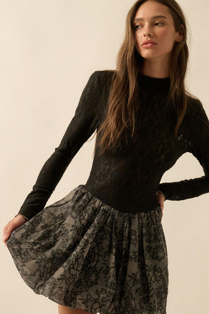 Midnight Romance Lace Mock-Neck Bubble Mini Dress
