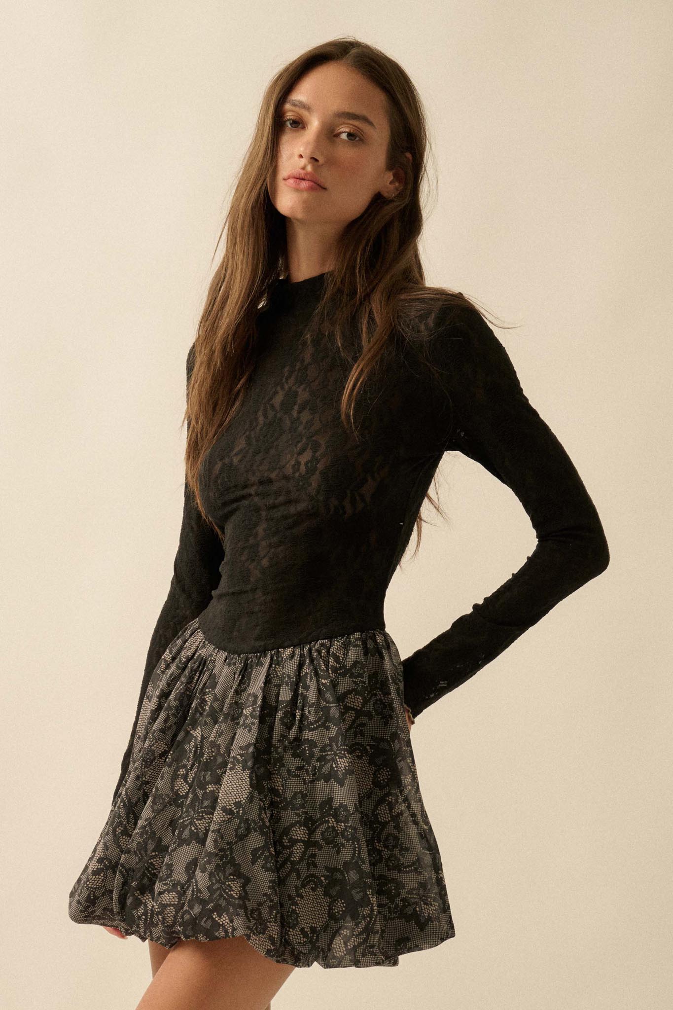 Midnight Romance Lace Mock-Neck Bubble Mini Dress