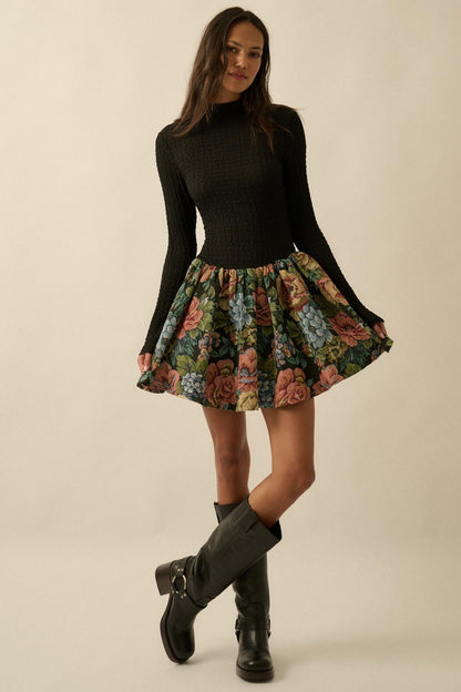 Blooming Brocade Knit and Floral Tapestry Mini Dress