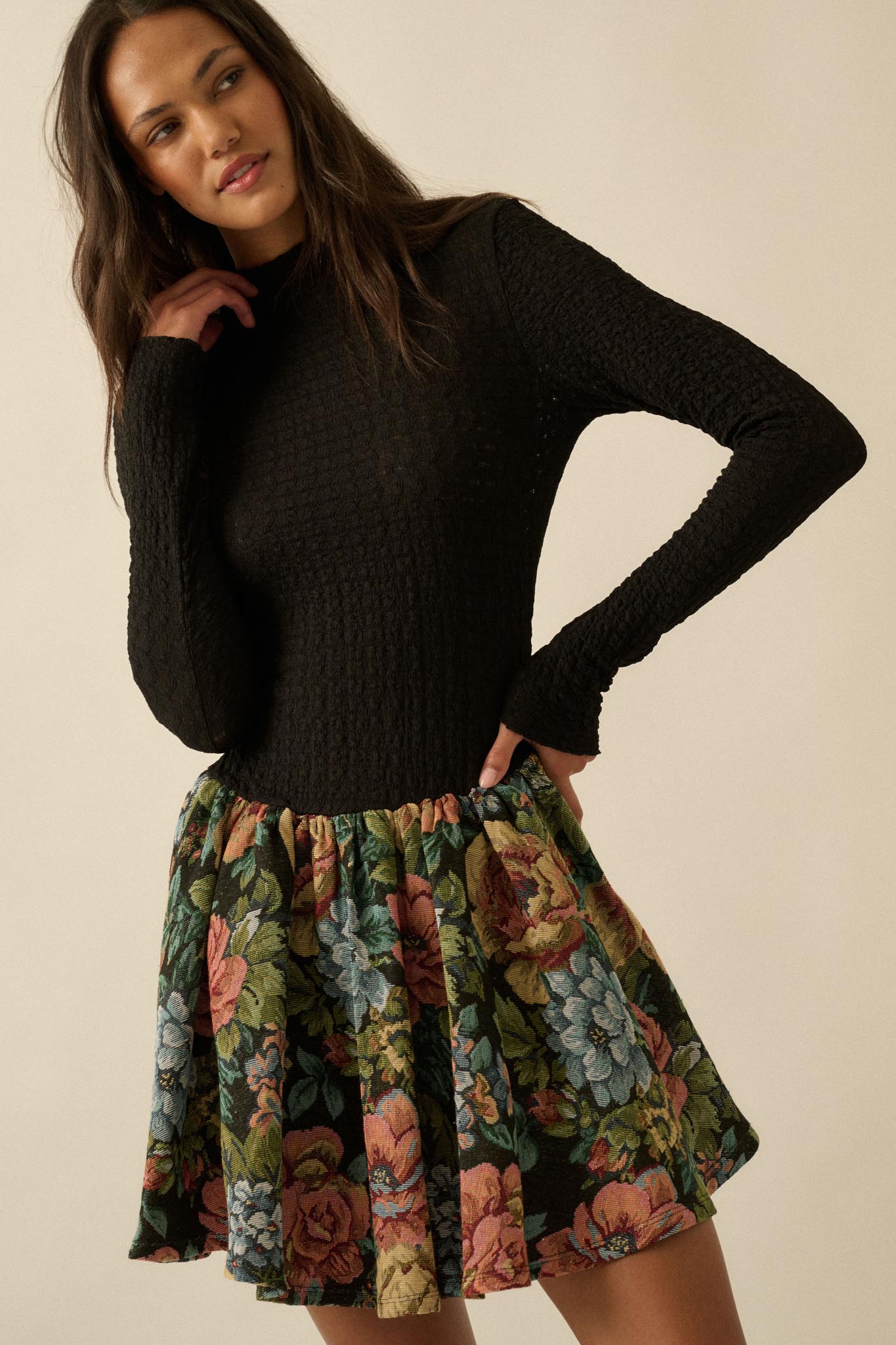 Blooming Brocade Knit and Floral Tapestry Mini Dress
