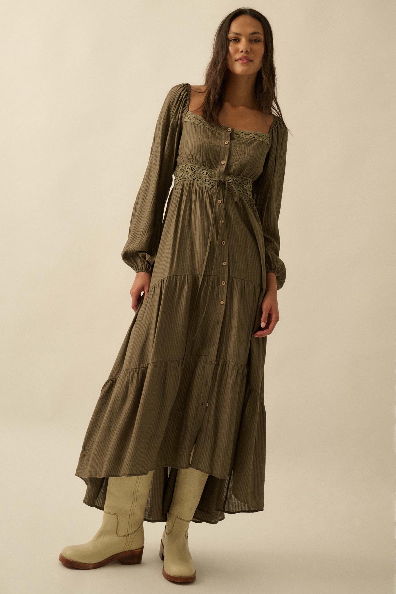Love Song Striped Button-Front Tiered Maxi Dress