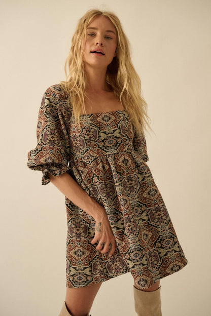 Pure Magic Tapestry Puff-Sleeve Babydoll Mini Dress