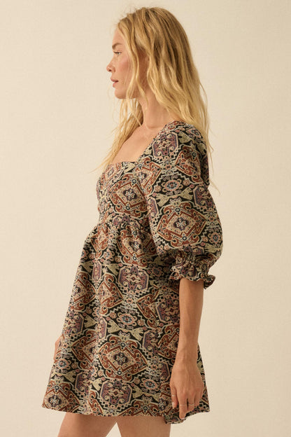Pure Magic Tapestry Puff-Sleeve Babydoll Mini Dress