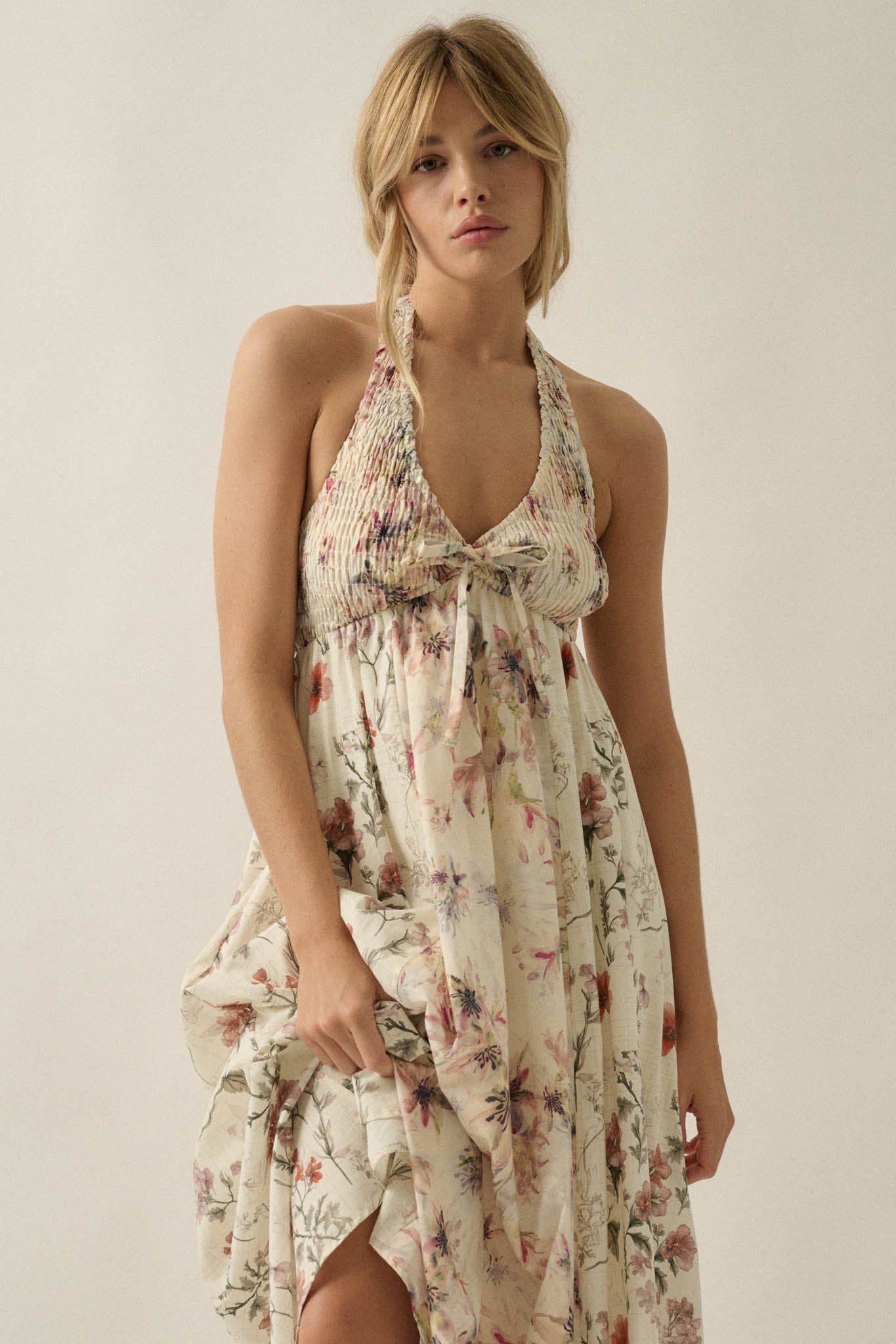 Bouquet by Me Floral-Print Smocked Halter Maxi Dress