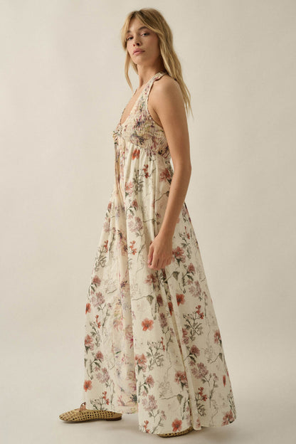 Bouquet by Me Floral-Print Smocked Halter Maxi Dress