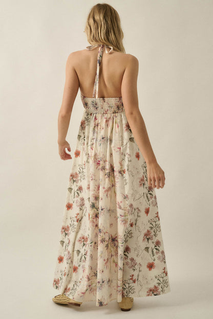 Bouquet by Me Floral-Print Smocked Halter Maxi Dress