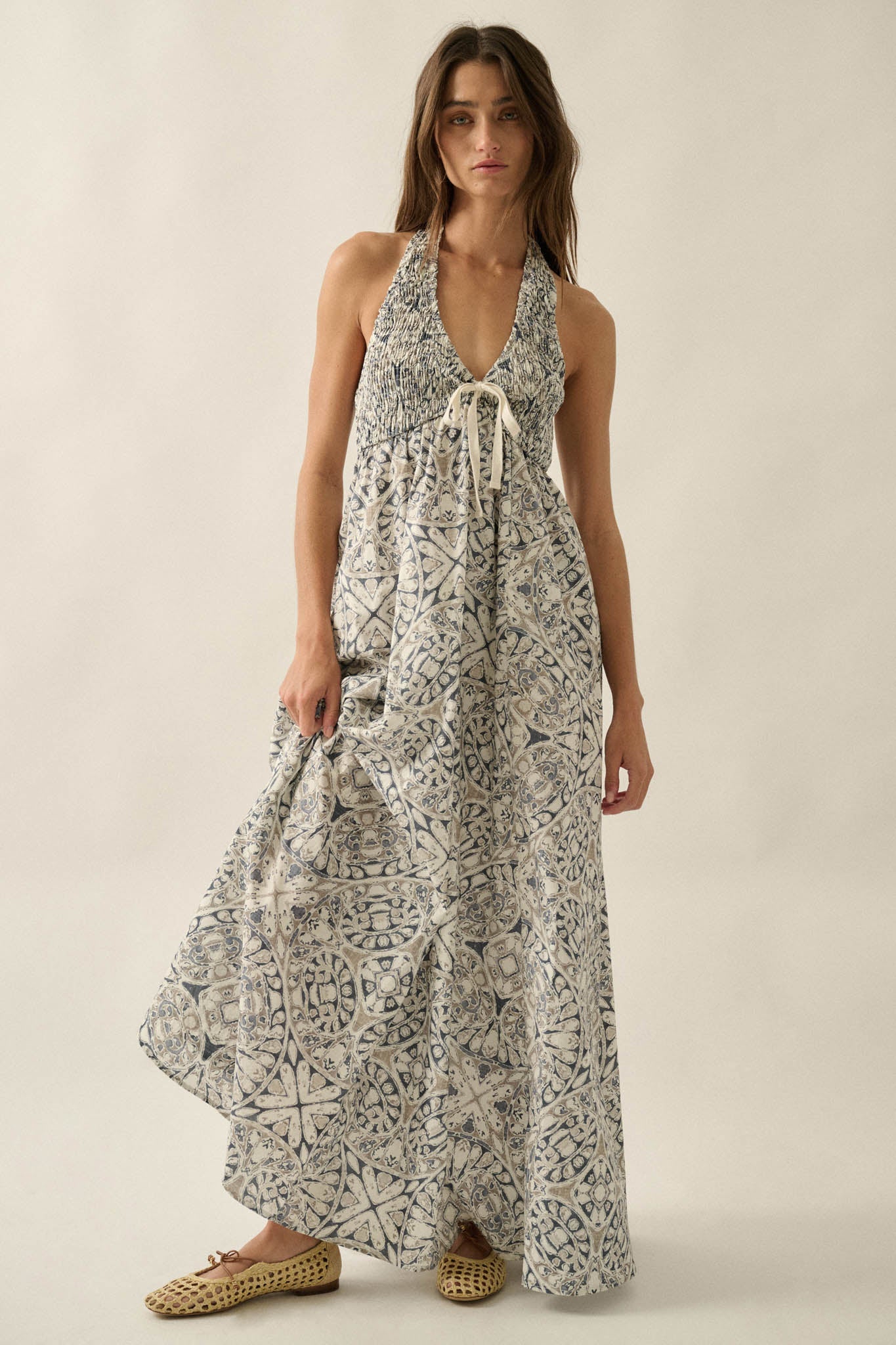 Lost Lands Abstract-Print Smocked Halter Maxi Dress
