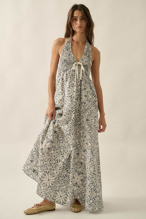 Lost Lands Abstract-Print Smocked Halter Maxi Dress