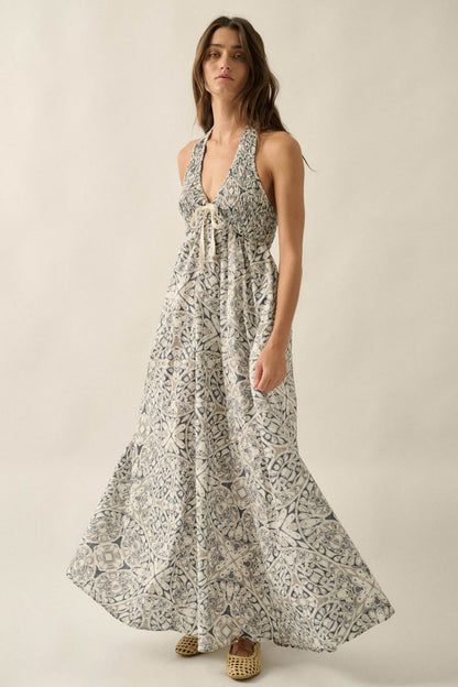 Lost Lands Abstract-Print Smocked Halter Maxi Dress