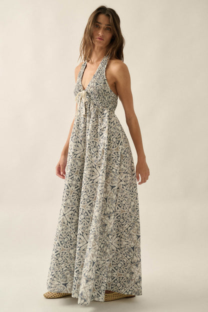 Lost Lands Abstract-Print Smocked Halter Maxi Dress