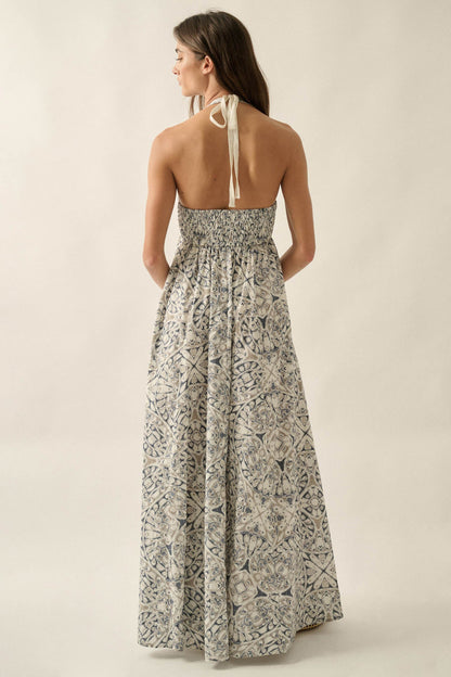 Lost Lands Abstract-Print Smocked Halter Maxi Dress