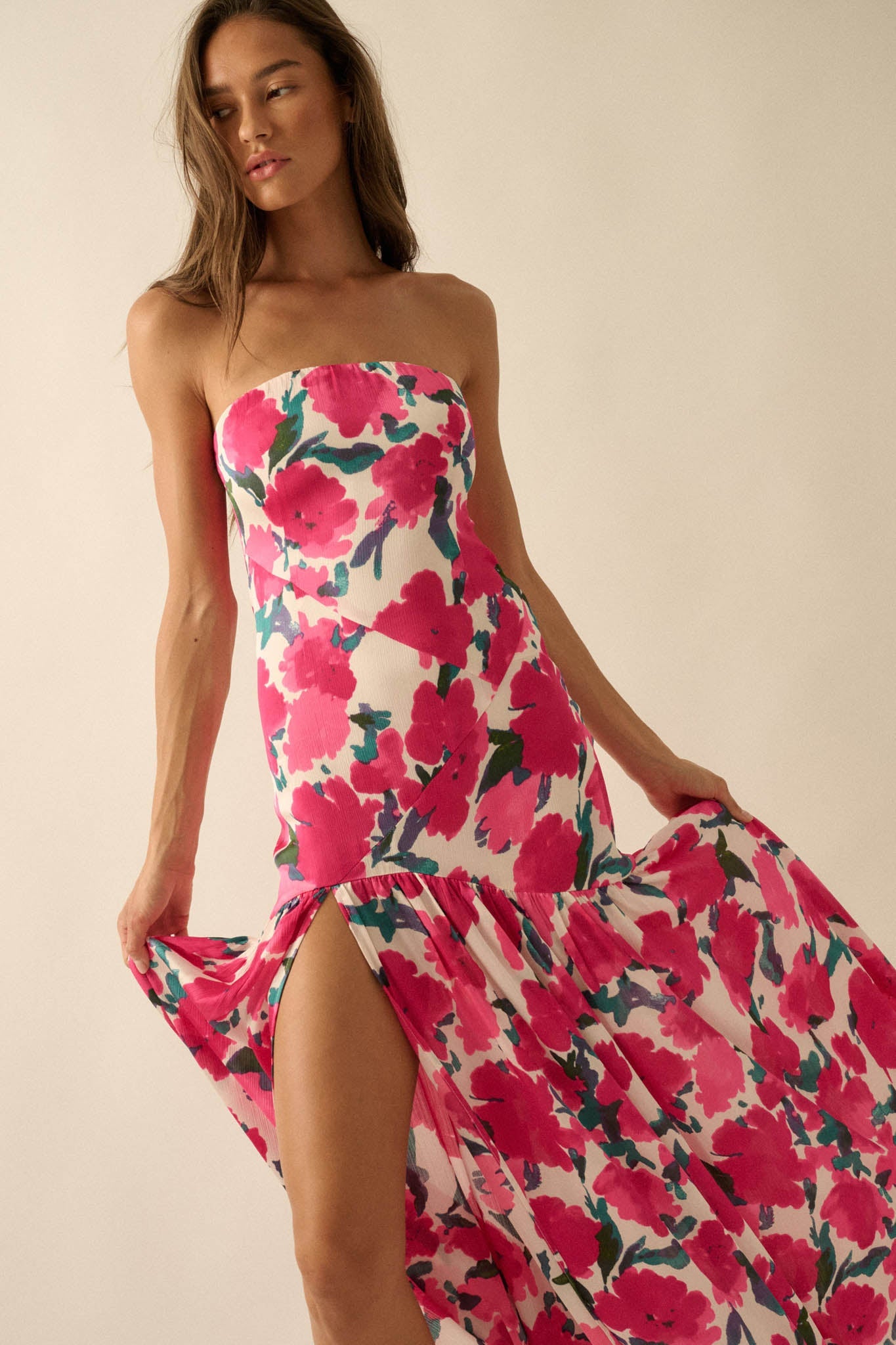 Painted Garden Floral Crepe Strapless Maxi Dress