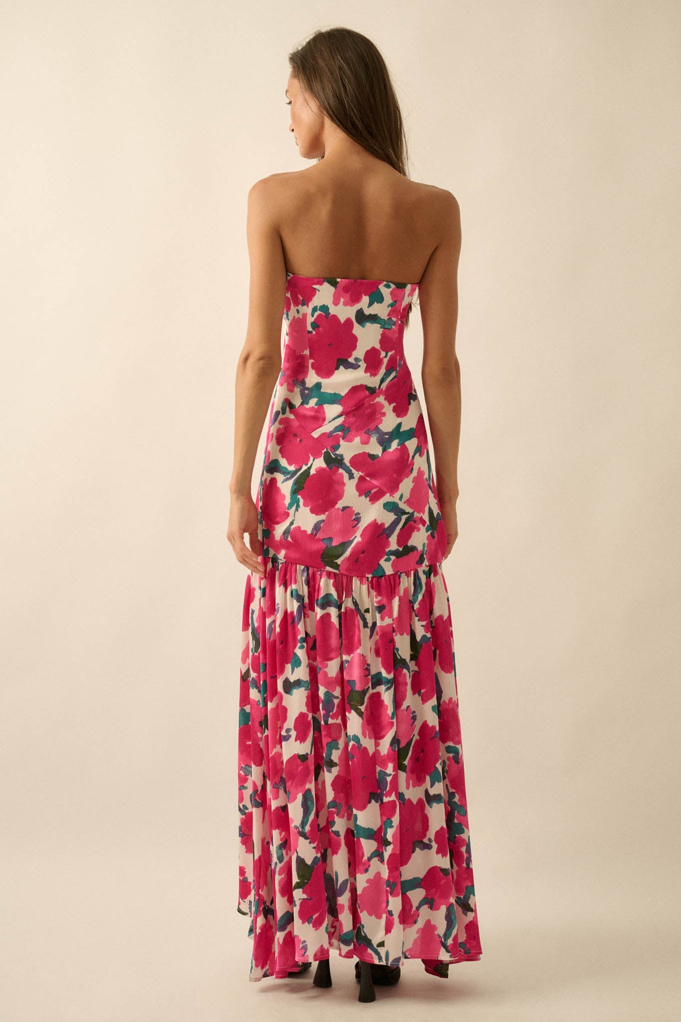 Painted Garden Floral Crepe Strapless Maxi Dress