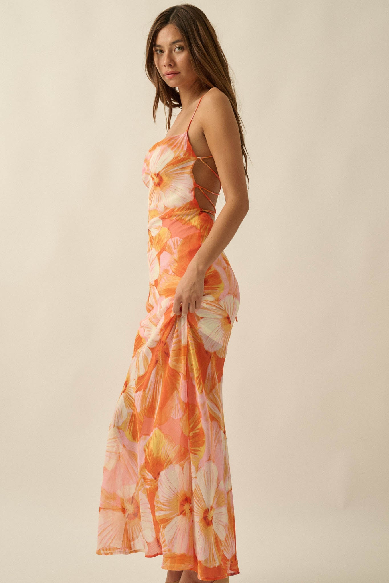 Island Blossoms Floral Chiffon Lace-Up Maxi Dress
