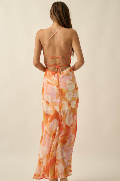 Island Blossoms Floral Chiffon Lace-Up Maxi Dress
