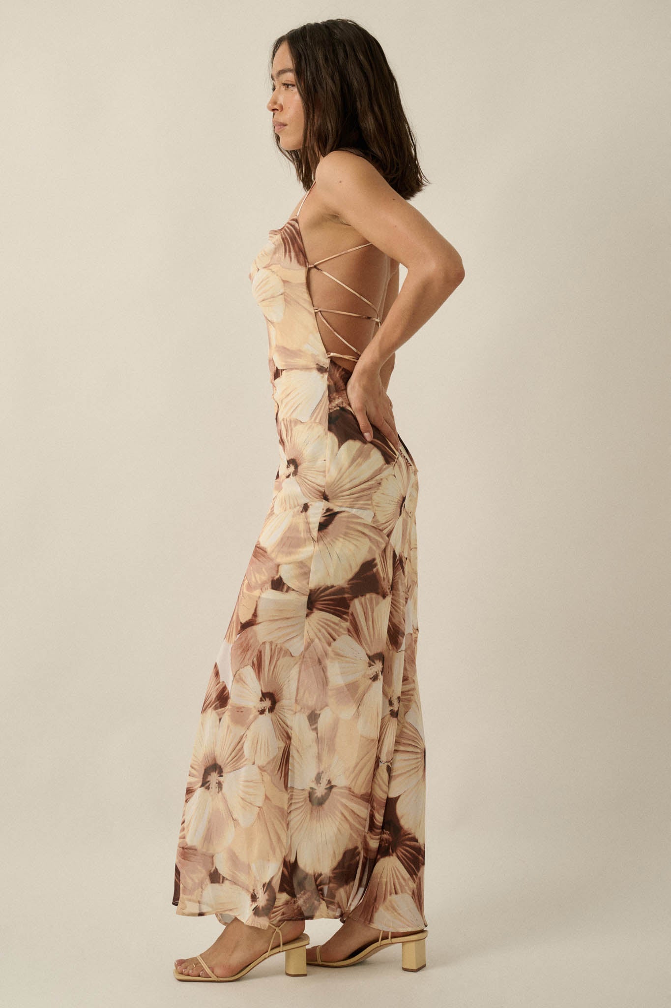 Island Blossoms Floral Chiffon Lace-Up Maxi Dress