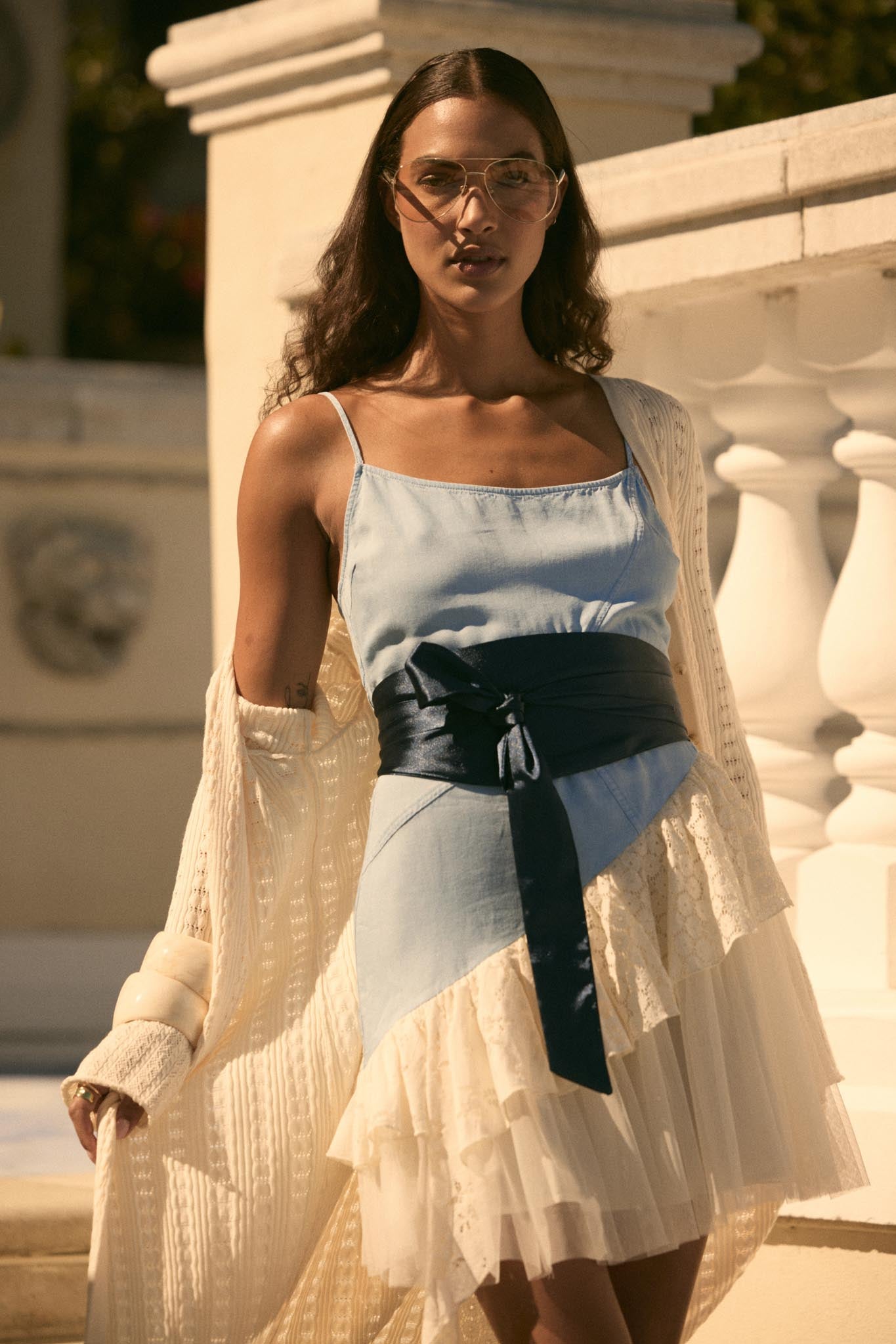 Open Skies Denim and Lace Ruffle Mini Dress