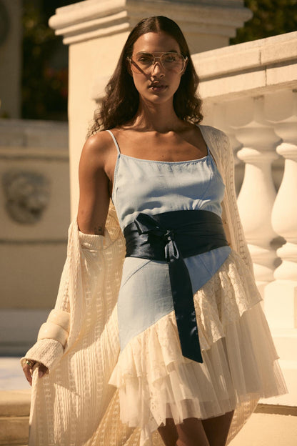 Open Skies Denim and Lace Ruffle Mini Dress