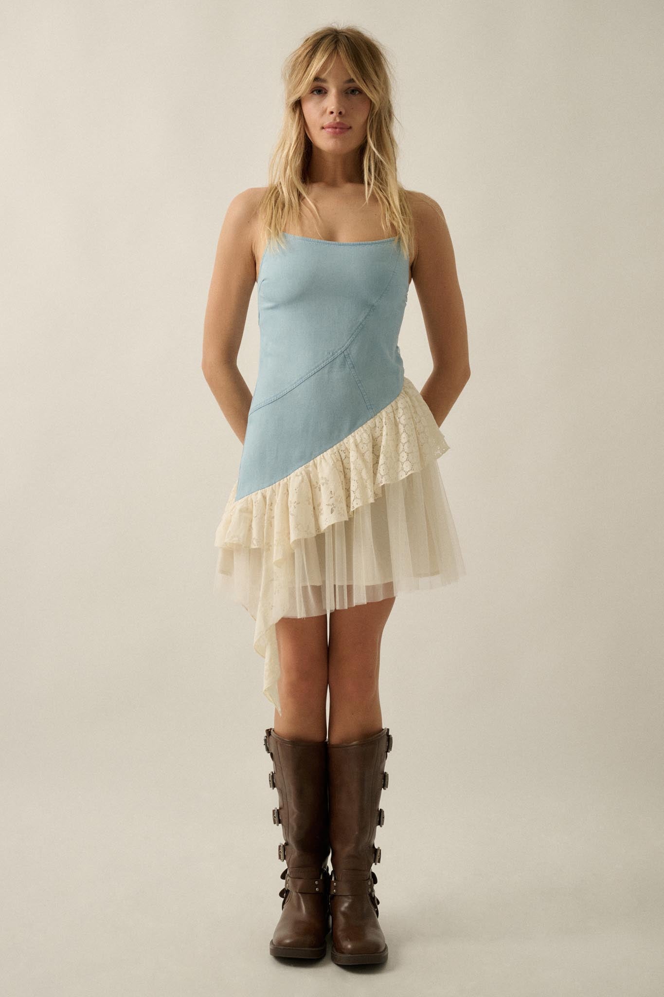 Open Skies Denim and Lace Ruffle Mini Dress