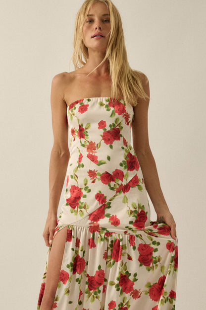 Rose Garden Floral-Print Satin Strapless Maxi Dress