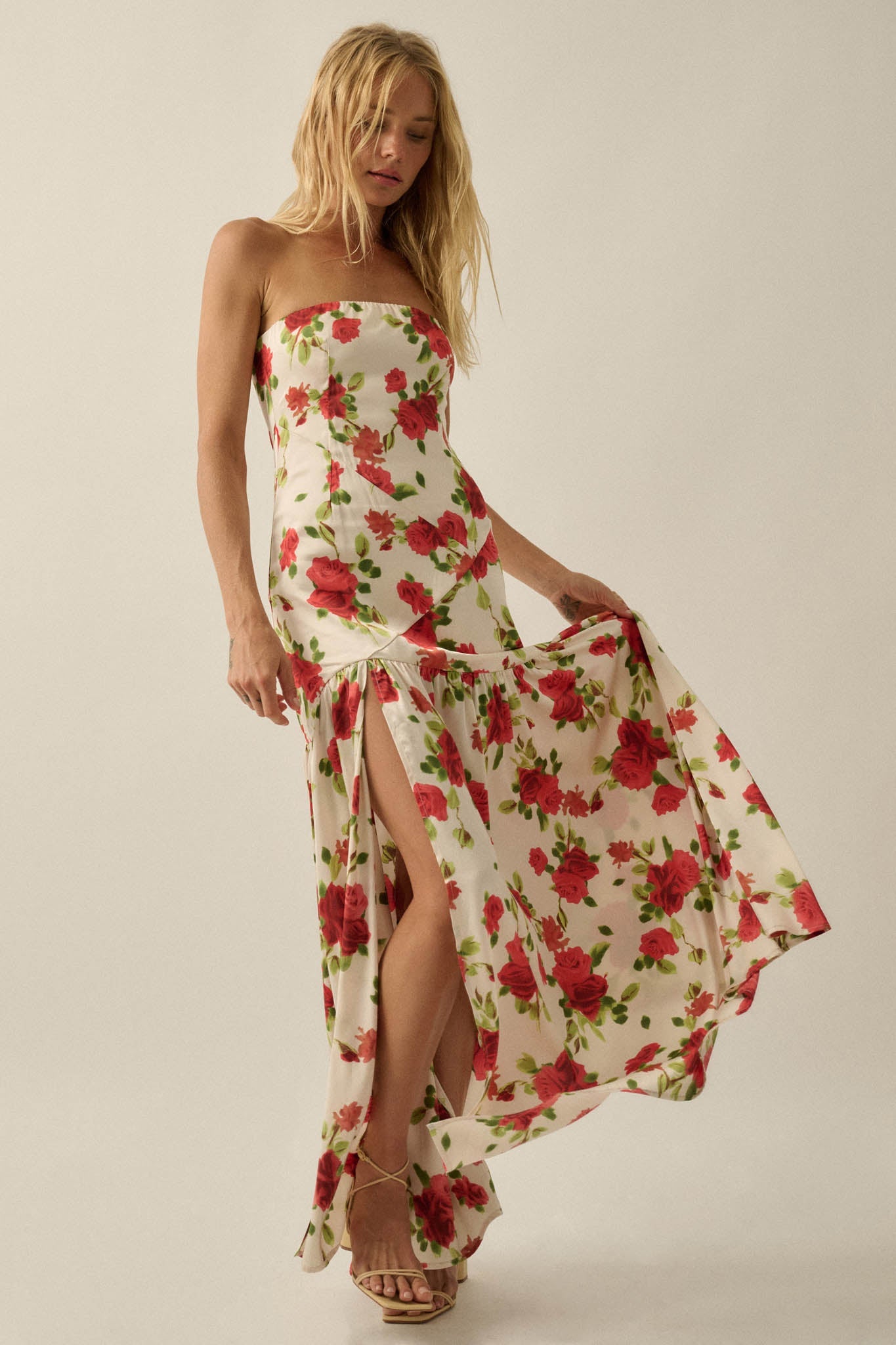 Rose Garden Floral-Print Satin Strapless Maxi Dress