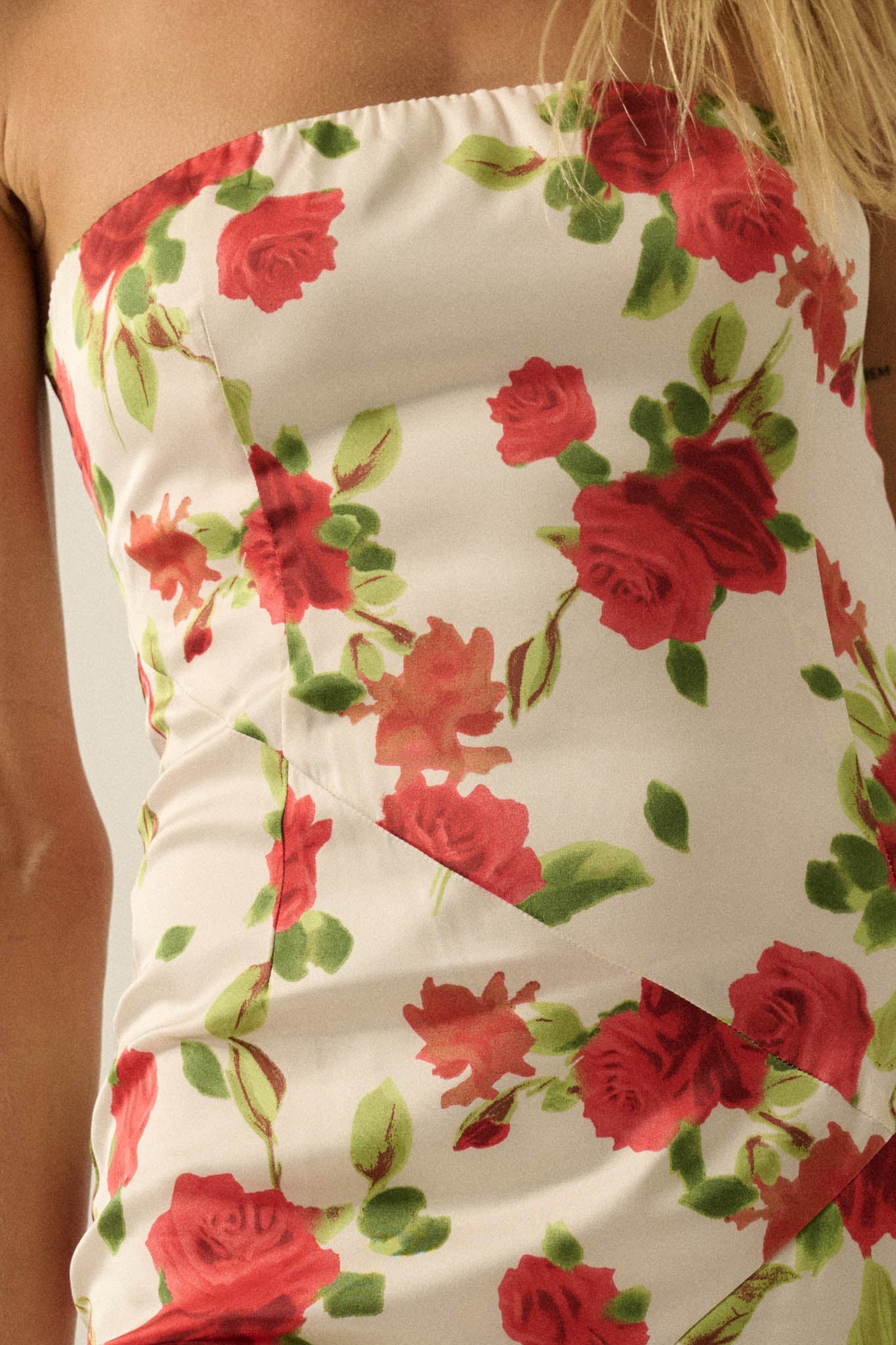 Rose Garden Floral-Print Satin Strapless Maxi Dress
