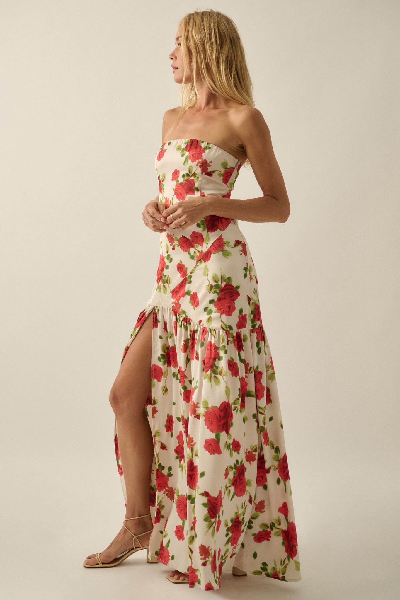 Rose Garden Floral-Print Satin Strapless Maxi Dress