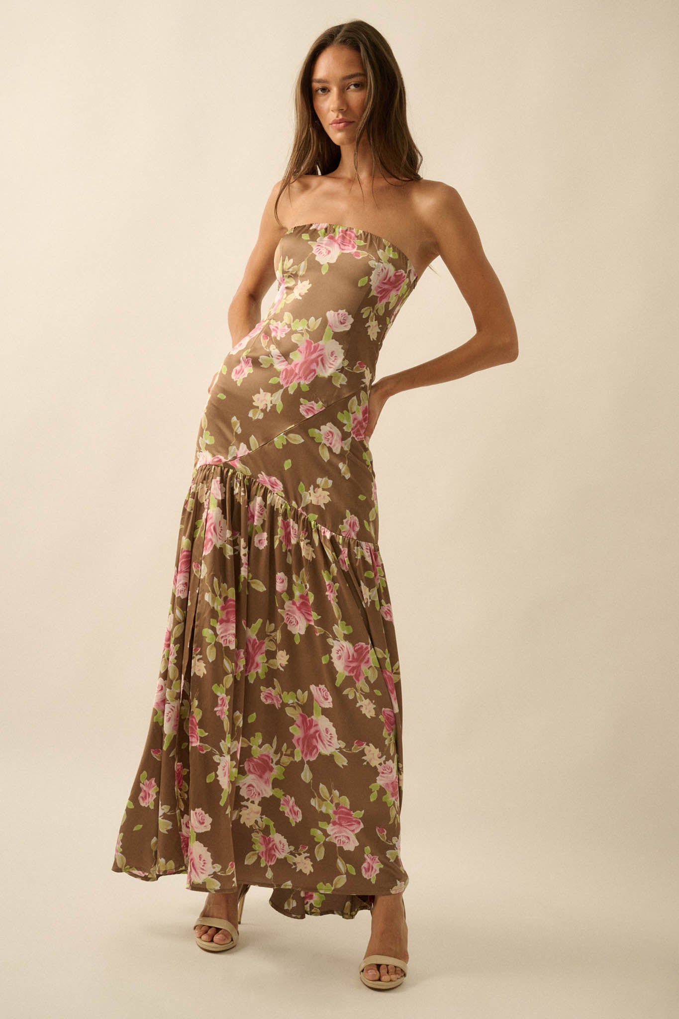 Rose Garden Floral-Print Satin Strapless Maxi Dress