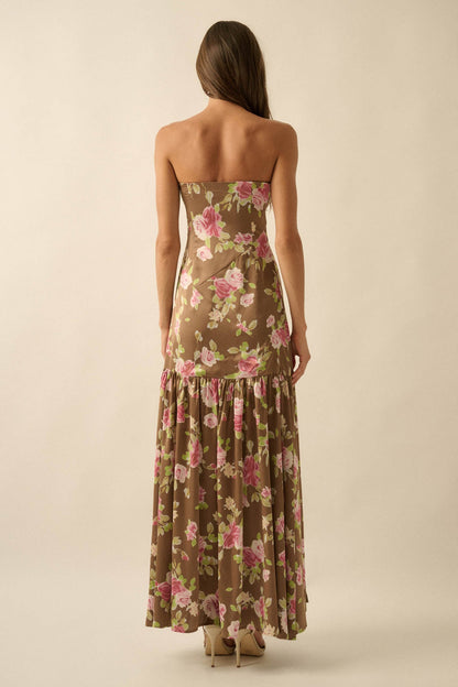 Rose Garden Floral-Print Satin Strapless Maxi Dress