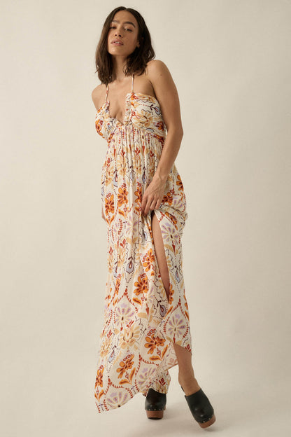 Rare Blooms Floral Medallion-Print Halter Maxi Dress