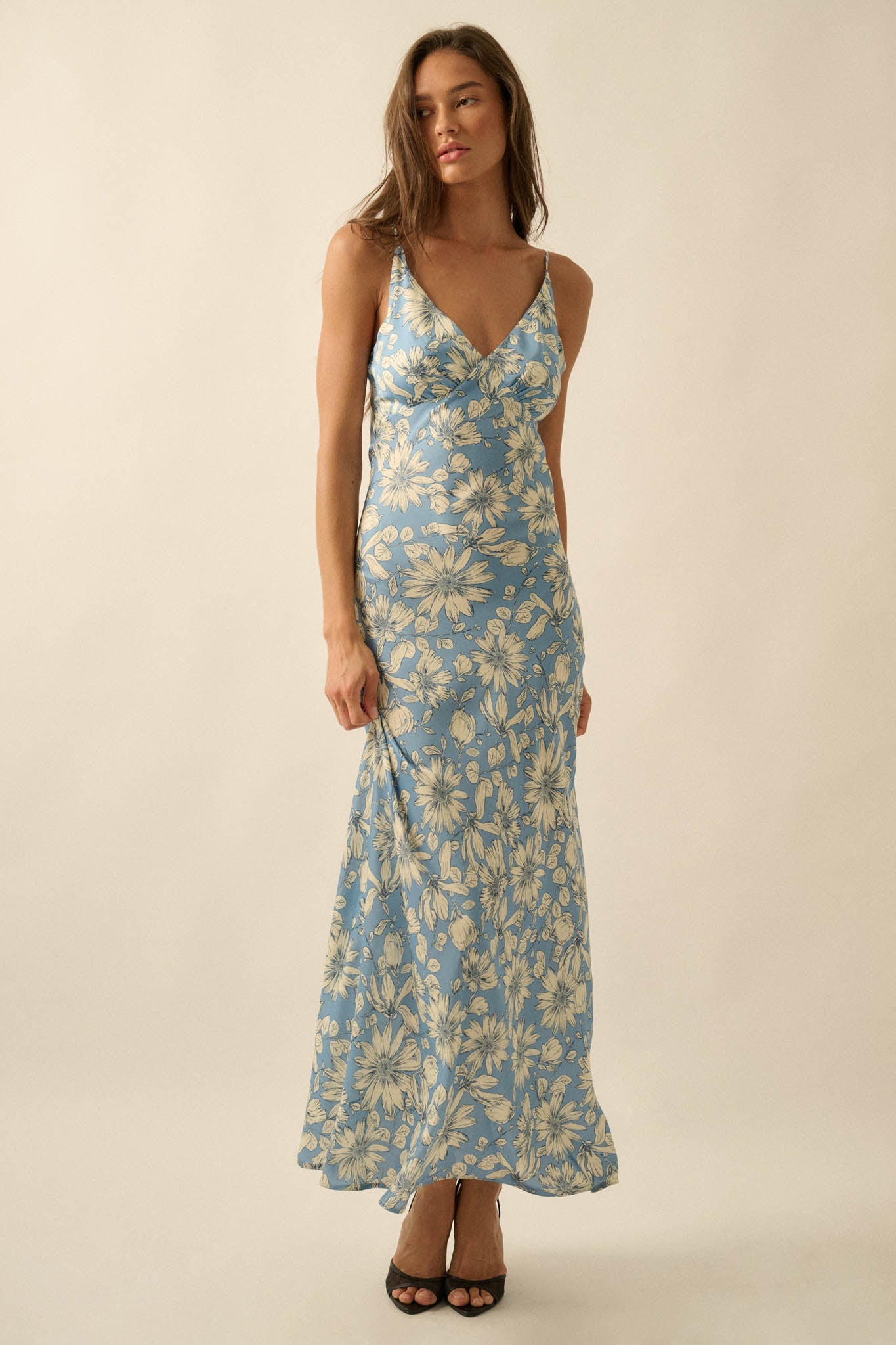 Darling Daisy Floral Satin Maxi Slip Dress