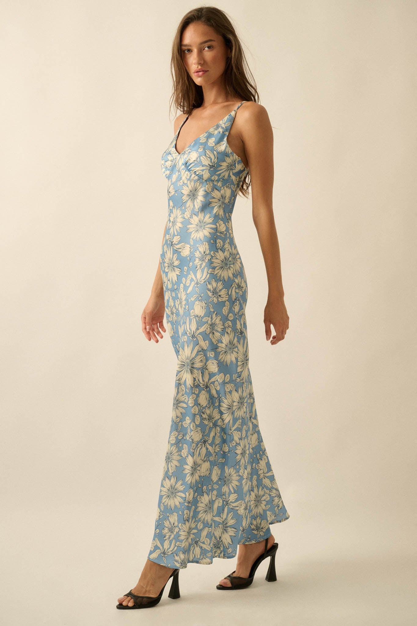 Darling Daisy Floral Satin Maxi Slip Dress
