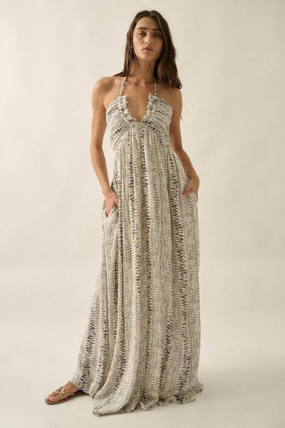 Just Wander Abstract-Print Tie-Back Halter Maxi Dress