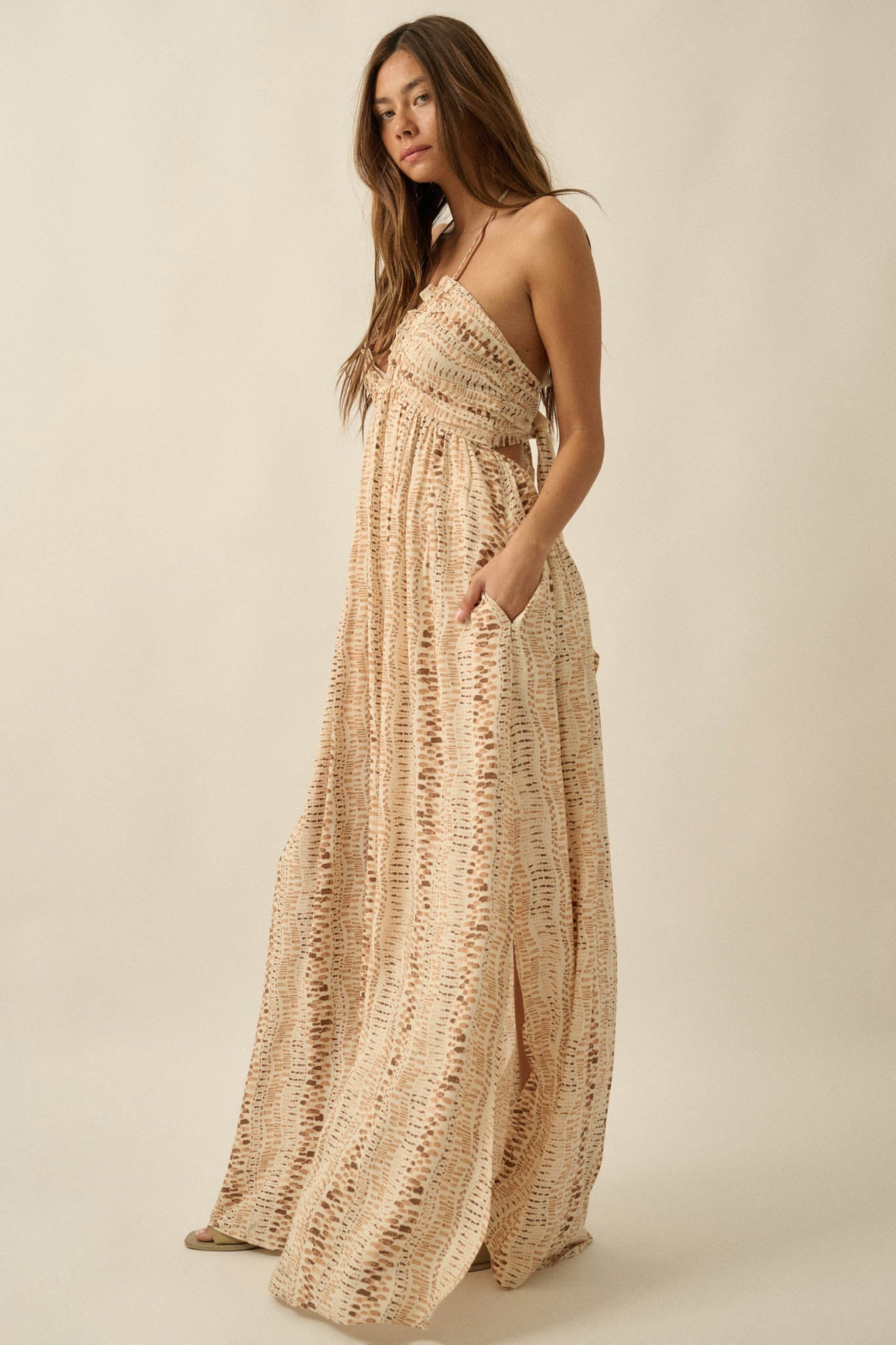 Just Wander Abstract-Print Tie-Back Halter Maxi Dress