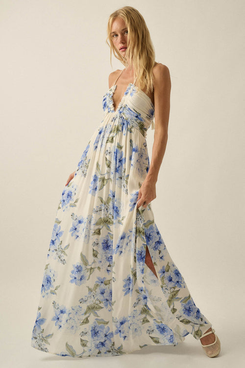 Blooming Elegance Floral Tie-Back Halter Maxi Dress