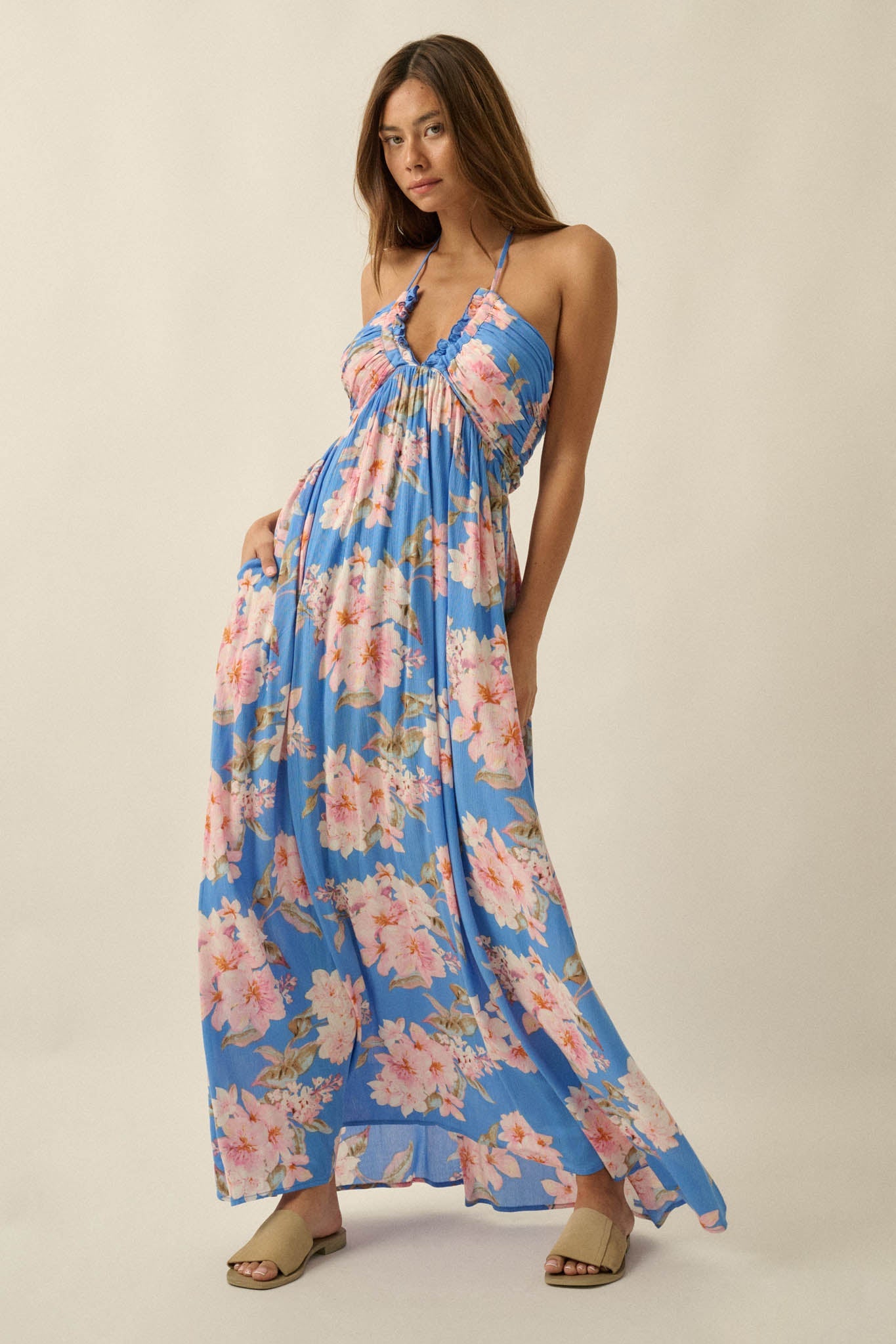 Blooming Elegance Floral Tie-Back Halter Maxi Dress