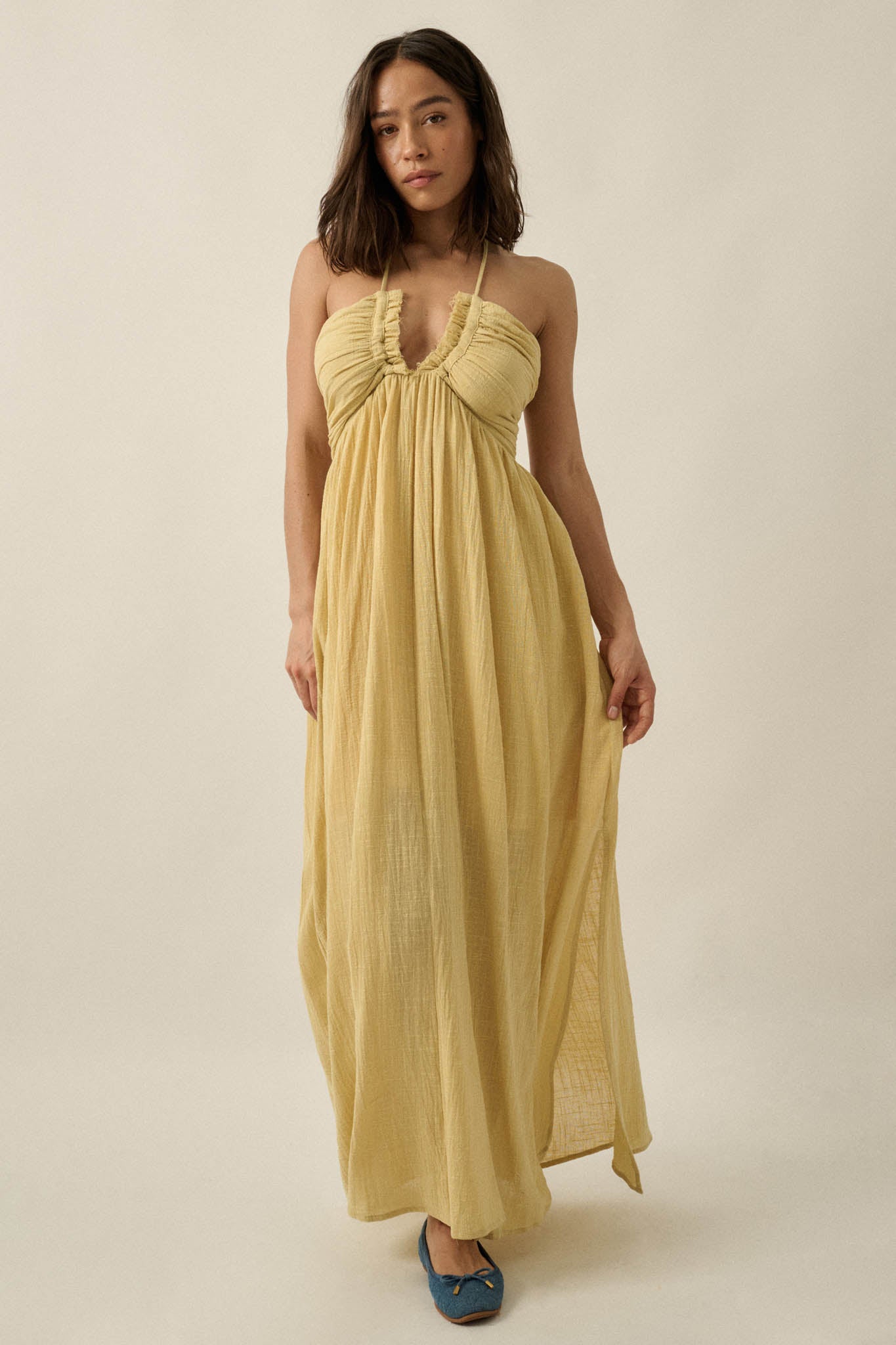 Forever Free Cotton Gauze Tie-Back Halter Maxi Dress