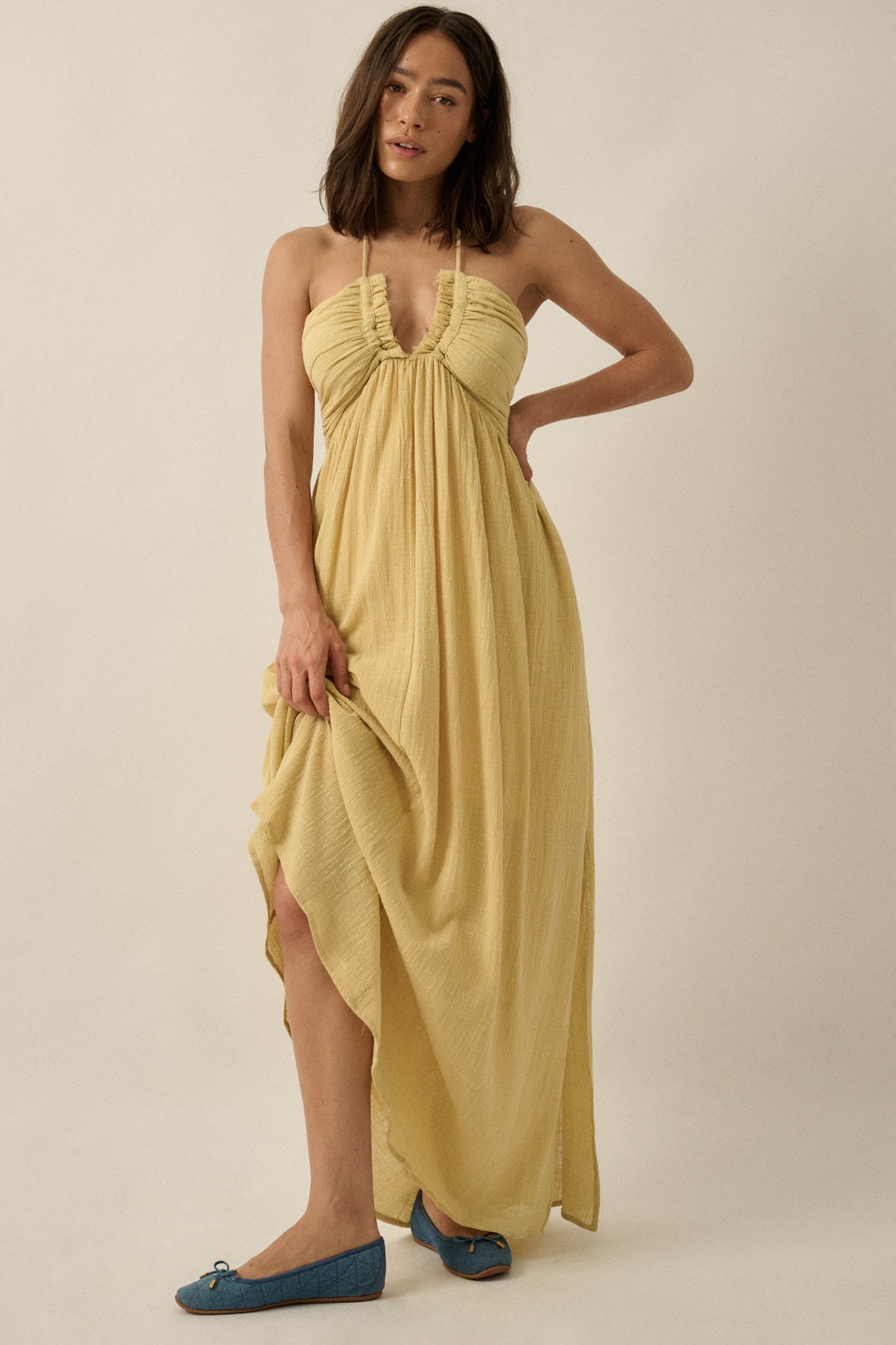 Forever Free Cotton Gauze Tie-Back Halter Maxi Dress