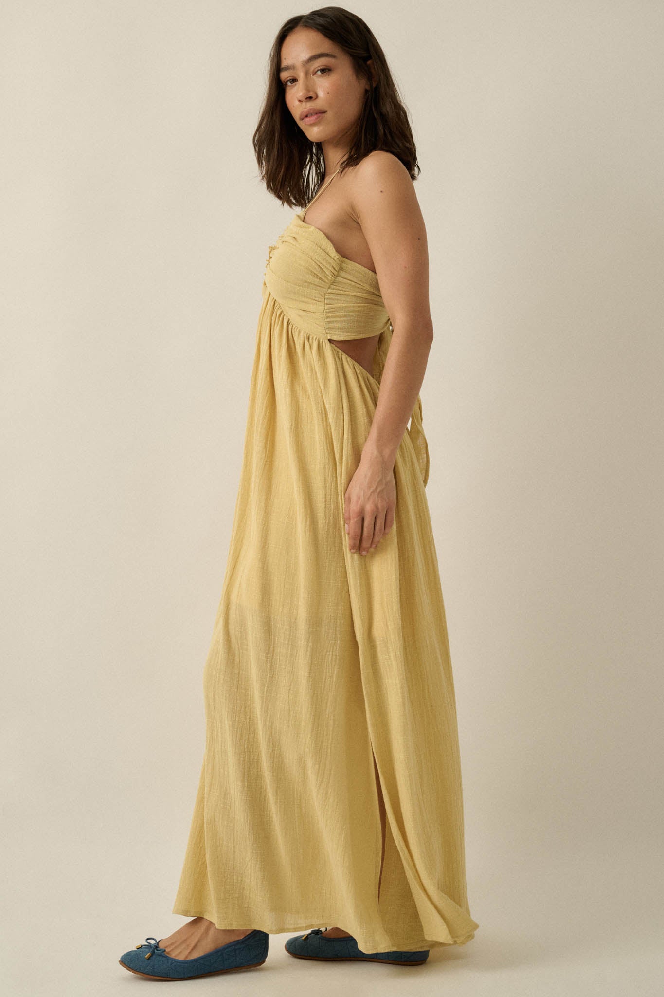 Forever Free Cotton Gauze Tie-Back Halter Maxi Dress
