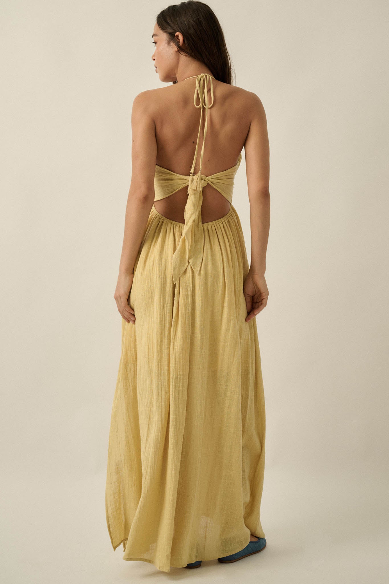 Forever Free Cotton Gauze Tie-Back Halter Maxi Dress