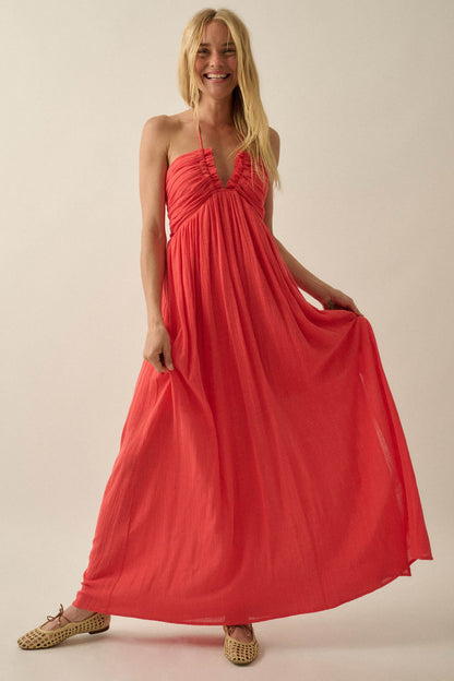 Forever Free Cotton Gauze Tie-Back Halter Maxi Dress