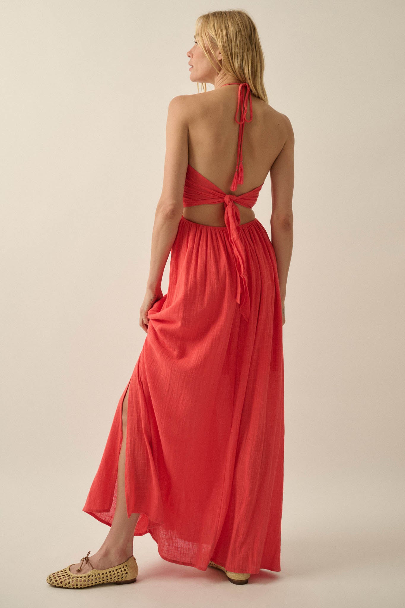 Forever Free Cotton Gauze Tie-Back Halter Maxi Dress