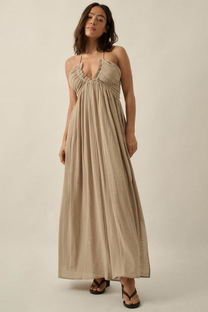 Forever Free Cotton Gauze Tie-Back Halter Maxi Dress