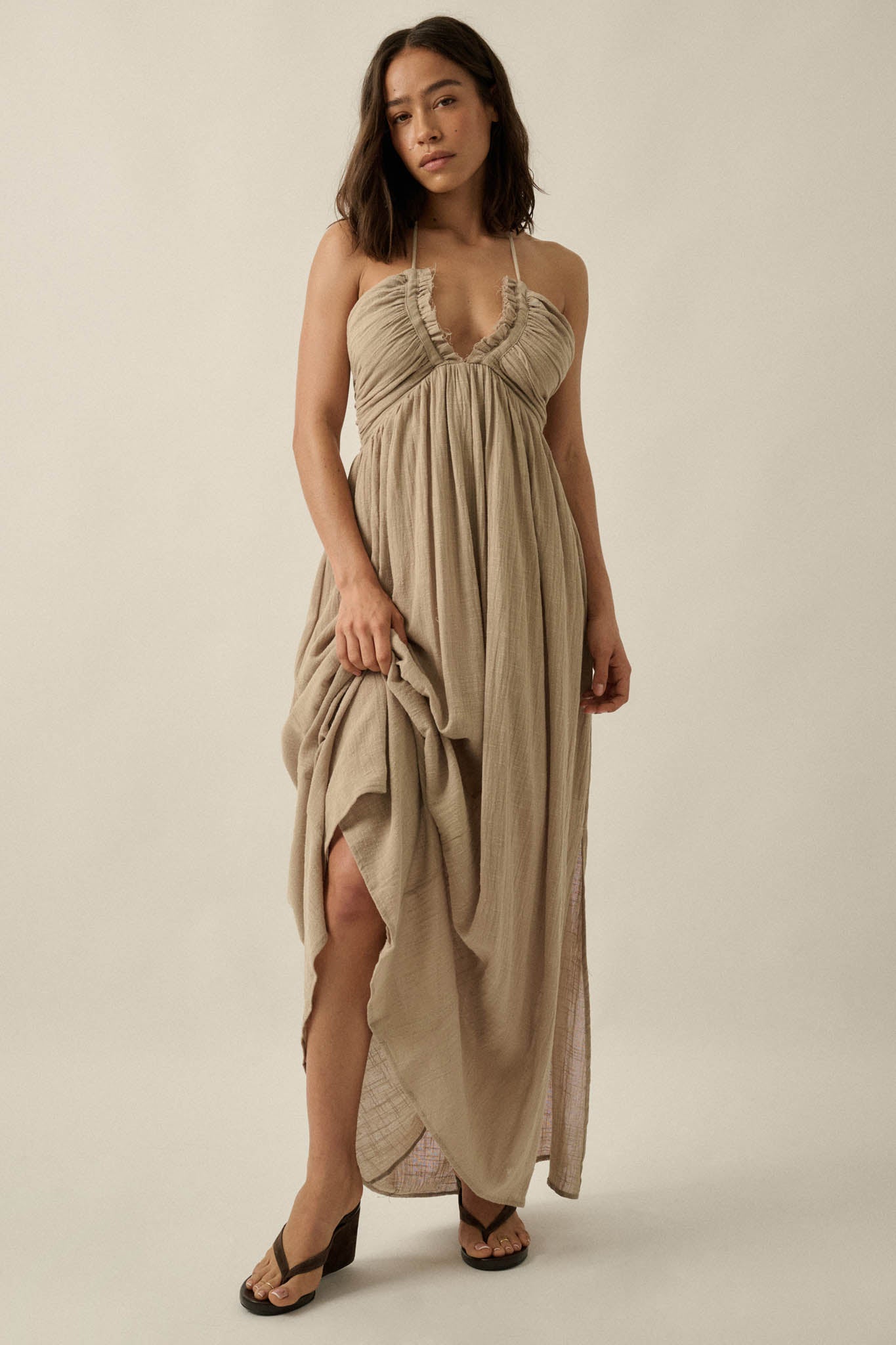 Forever Free Cotton Gauze Tie-Back Halter Maxi Dress