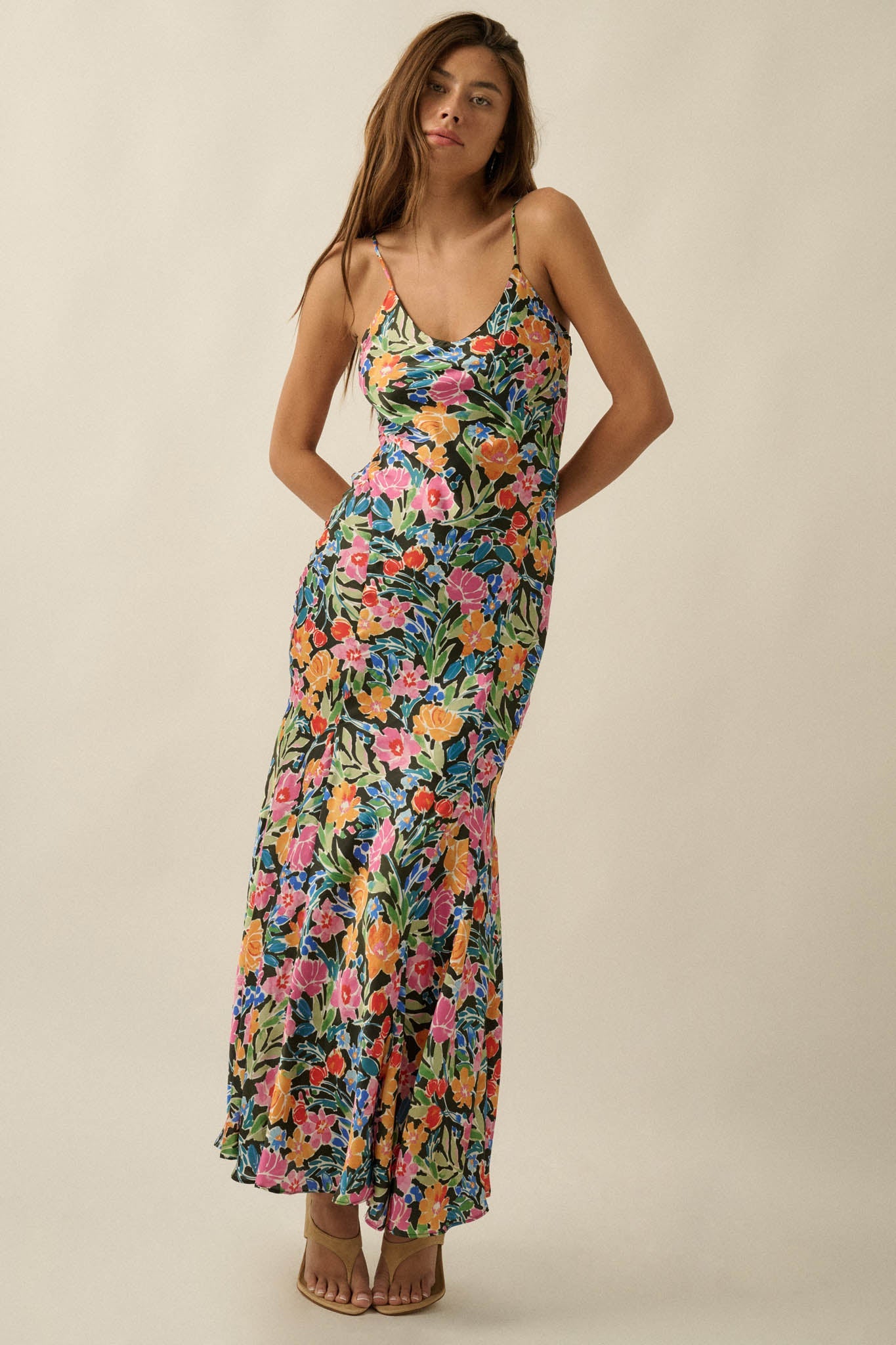 Brightly Blooming Floral Satin Cami Maxi Dress