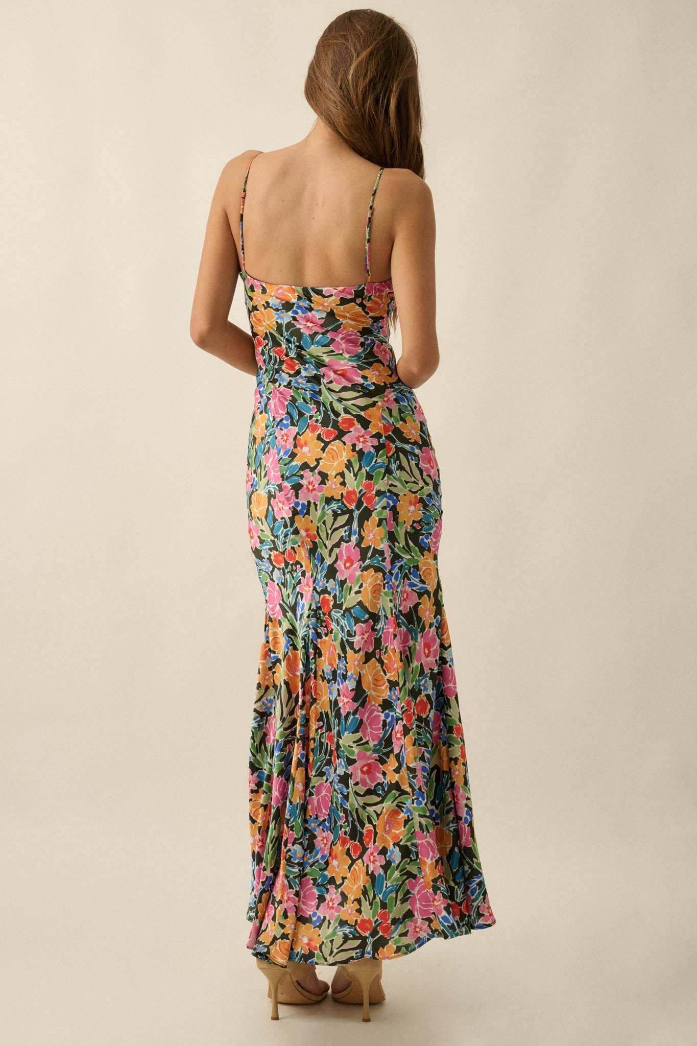 Brightly Blooming Floral Satin Cami Maxi Dress